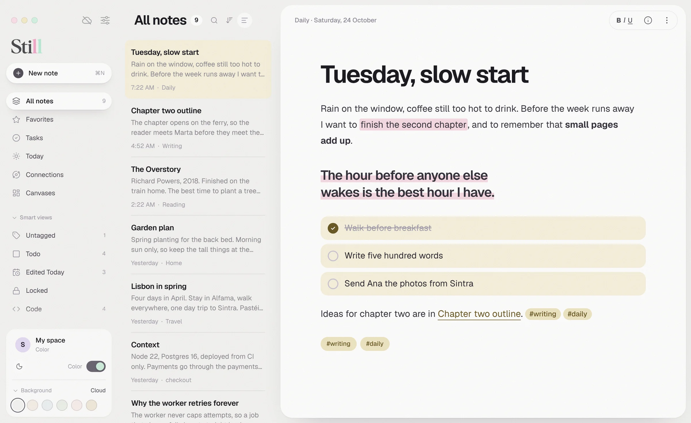 Still on the Mac: the sidebar, a list of notes and a morning page with a highlight, a quote and tasks.